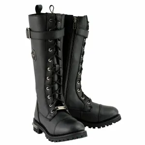 Milwaukee Leather MBL9355 Women's Black 14-inch Lace-Up High-Rise Leather Boots with Calf Buckle