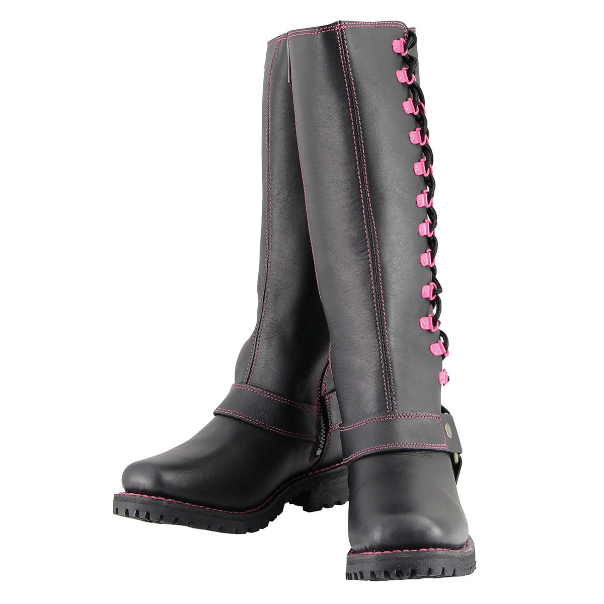 Milwaukee Leather MBL9367 Women's Black 14-inch Leather Harness Motorcycle Boots with Fuchsia Accent Lacing