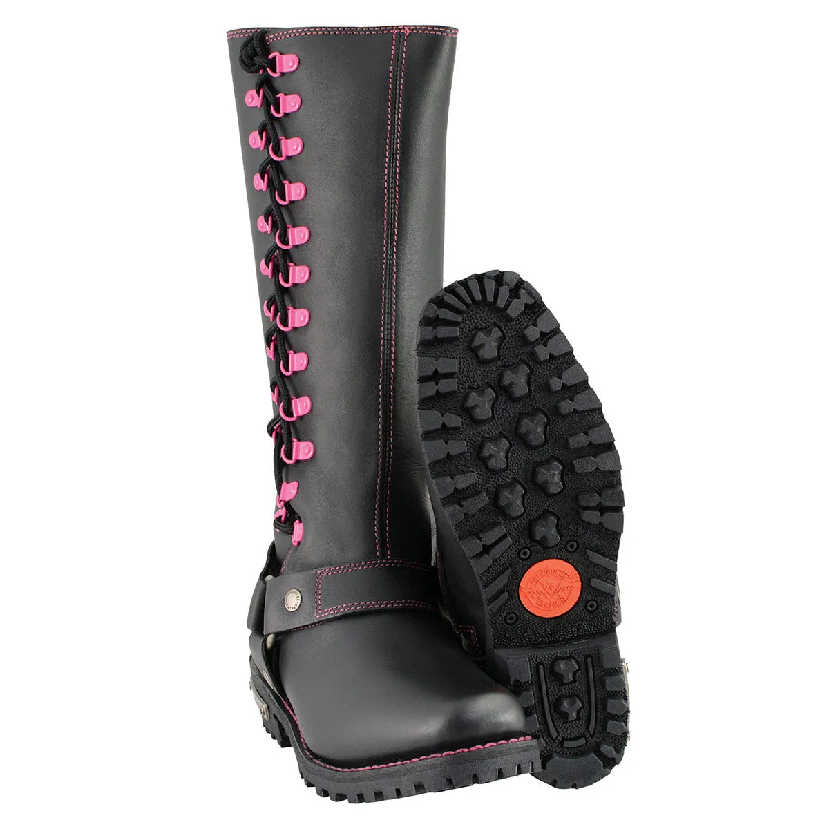 Milwaukee Leather MBL9367 Women's Black 14-inch Leather Harness Motorcycle Boots with Fuchsia Accent Lacing