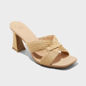 New - A New Day Women's Chunky Block High Heel Slip On Mules Sandals Raffia Woven Band