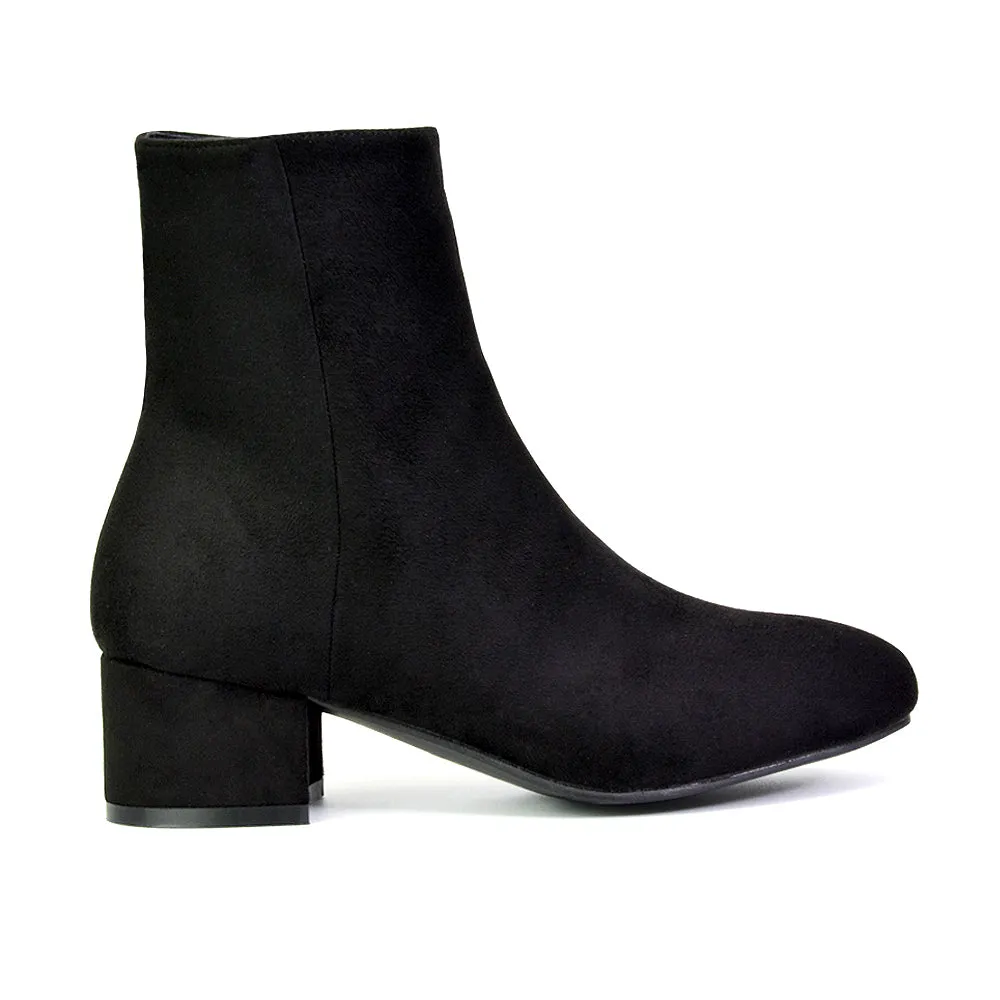 Nolan Winter Mid Block High Heel Ankle Boots With Inside Zip in Black Faux Suede