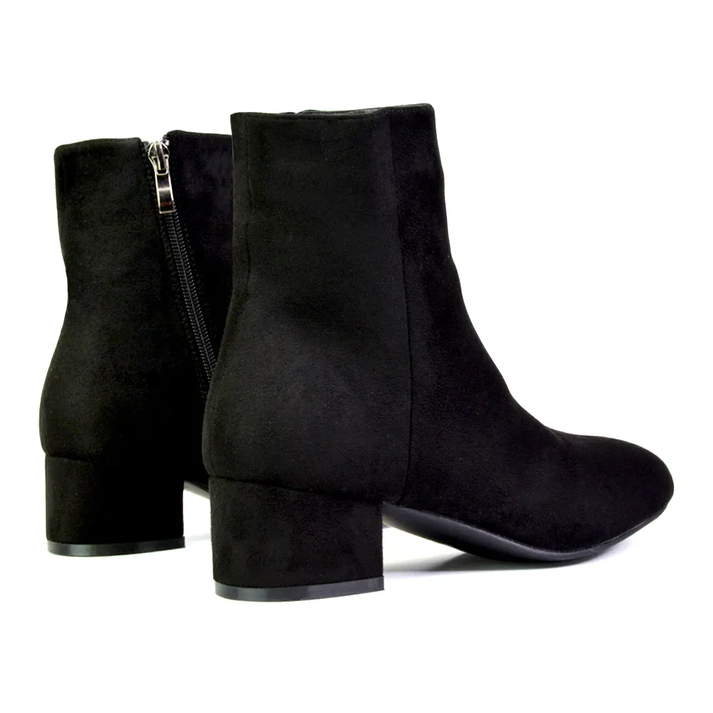 Nolan Winter Mid Block High Heel Ankle Boots With Inside Zip in Black Faux Suede