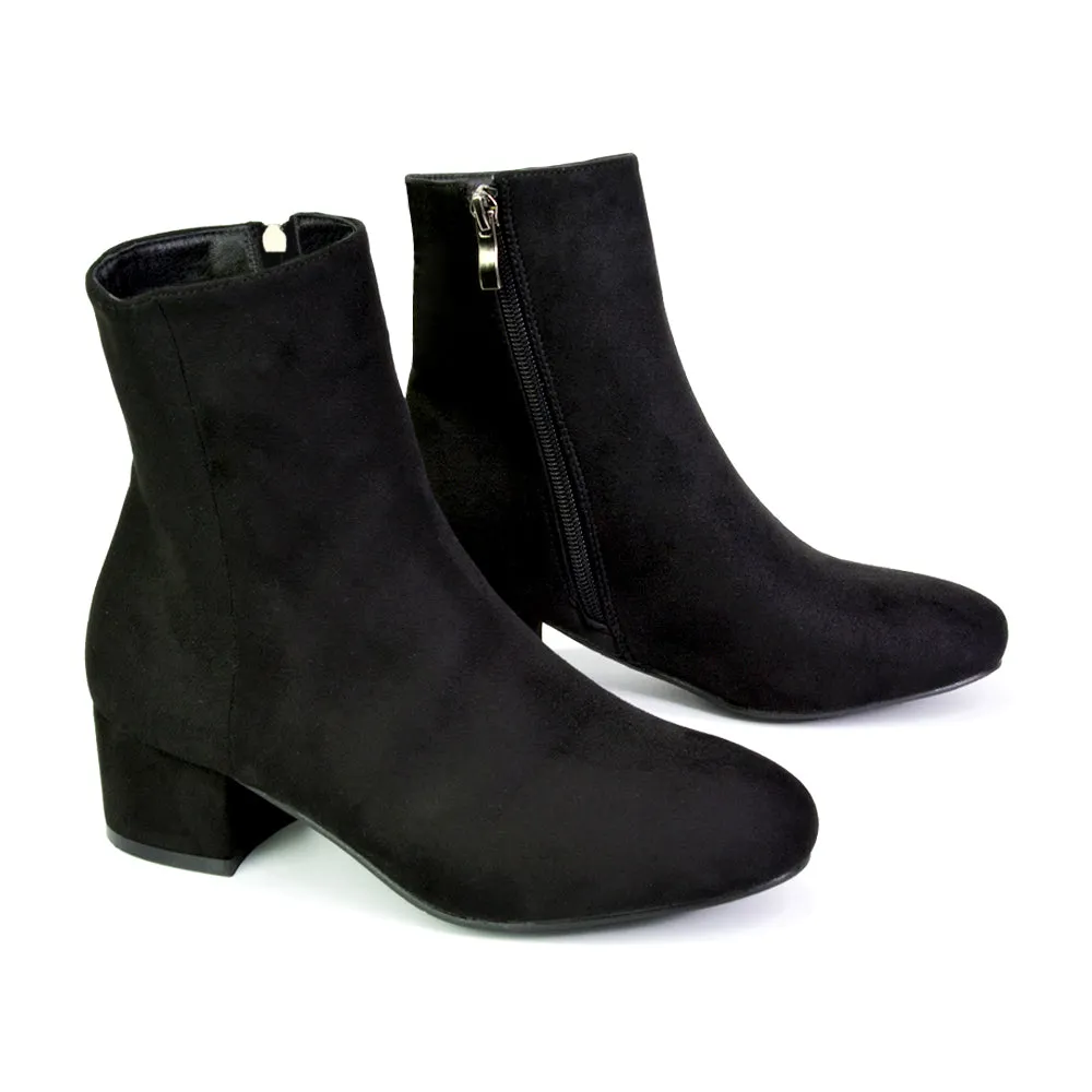 Nolan Winter Mid Block High Heel Ankle Boots With Inside Zip in Black Faux Suede