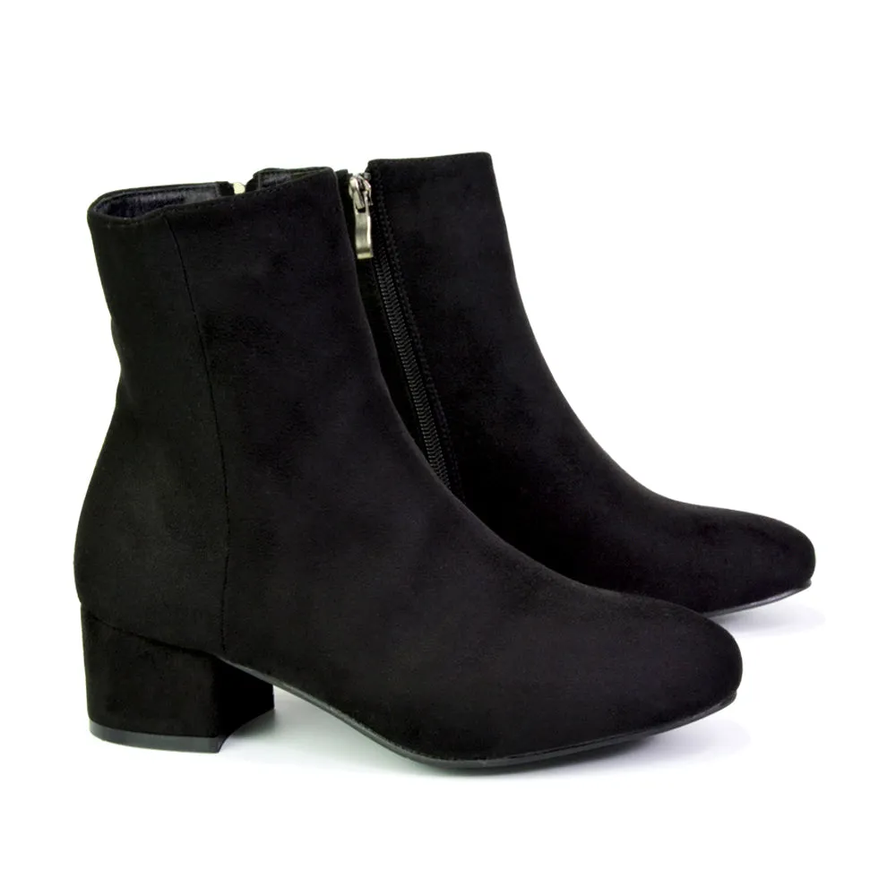 Nolan Winter Mid Block High Heel Ankle Boots With Inside Zip in Black Faux Suede