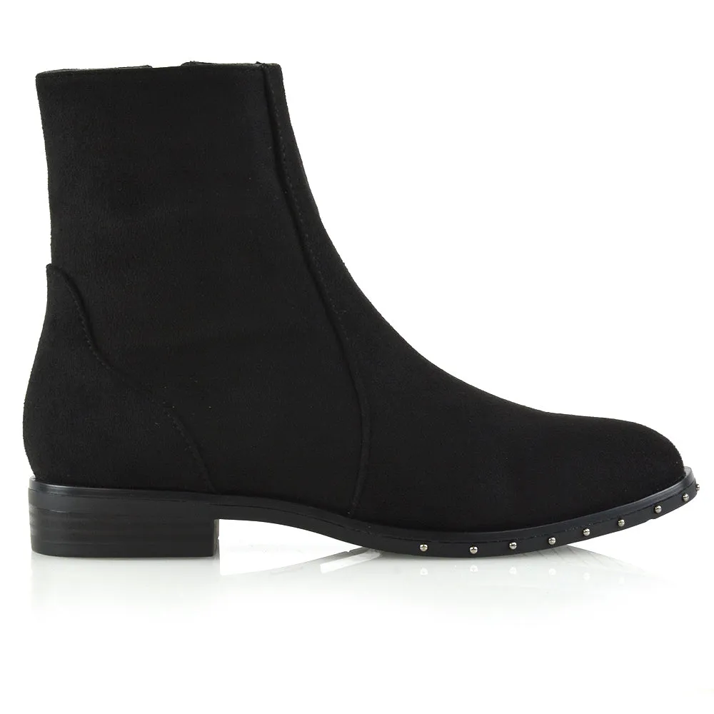 NYANE DIAMANTE STUDDED ZIP UP FLAT LOW HEEL ANKLE BOOT IN BLACK FAUX SUEDE