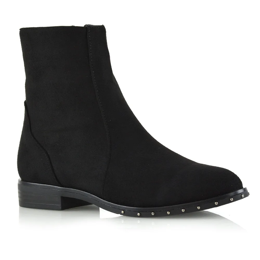 NYANE DIAMANTE STUDDED ZIP UP FLAT LOW HEEL ANKLE BOOT IN BLACK FAUX SUEDE