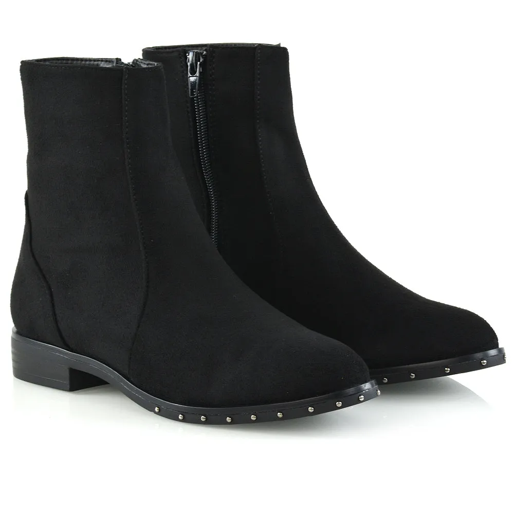 NYANE DIAMANTE STUDDED ZIP UP FLAT LOW HEEL ANKLE BOOT IN BLACK FAUX SUEDE