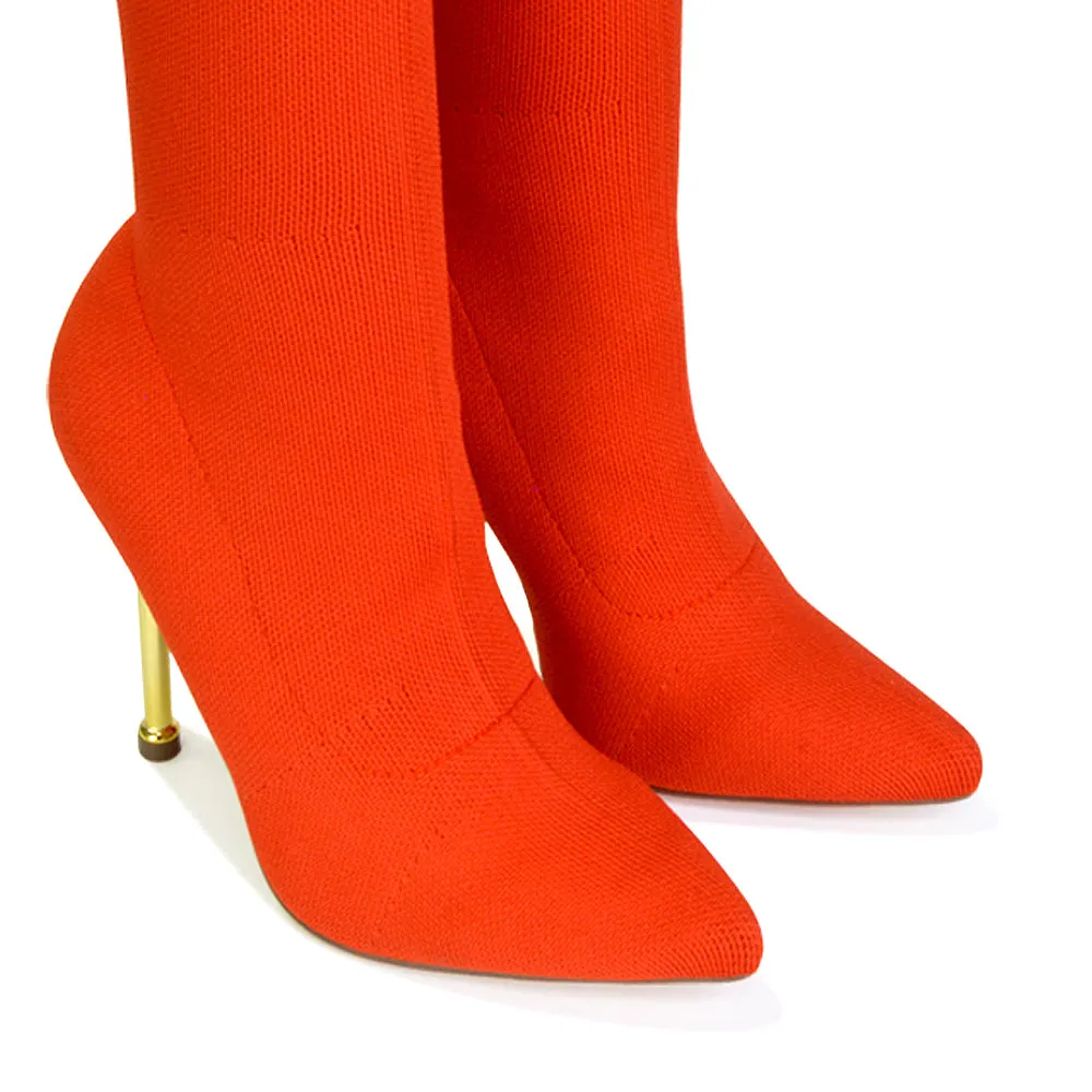 Raya Metallic Stiletto High Heel Knitted Ribbed Sock Ankle Boots Heels in Red