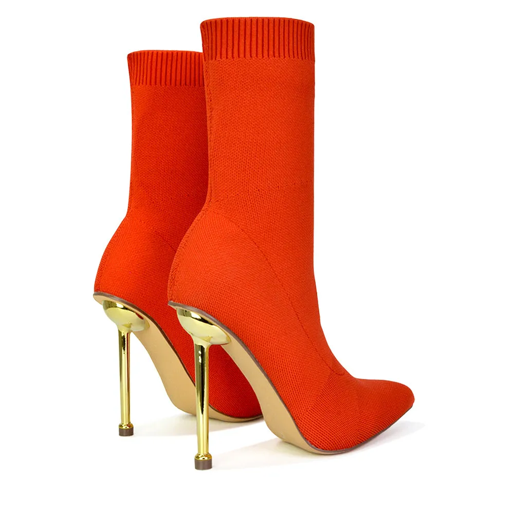 Raya Metallic Stiletto High Heel Knitted Ribbed Sock Ankle Boots Heels in Red