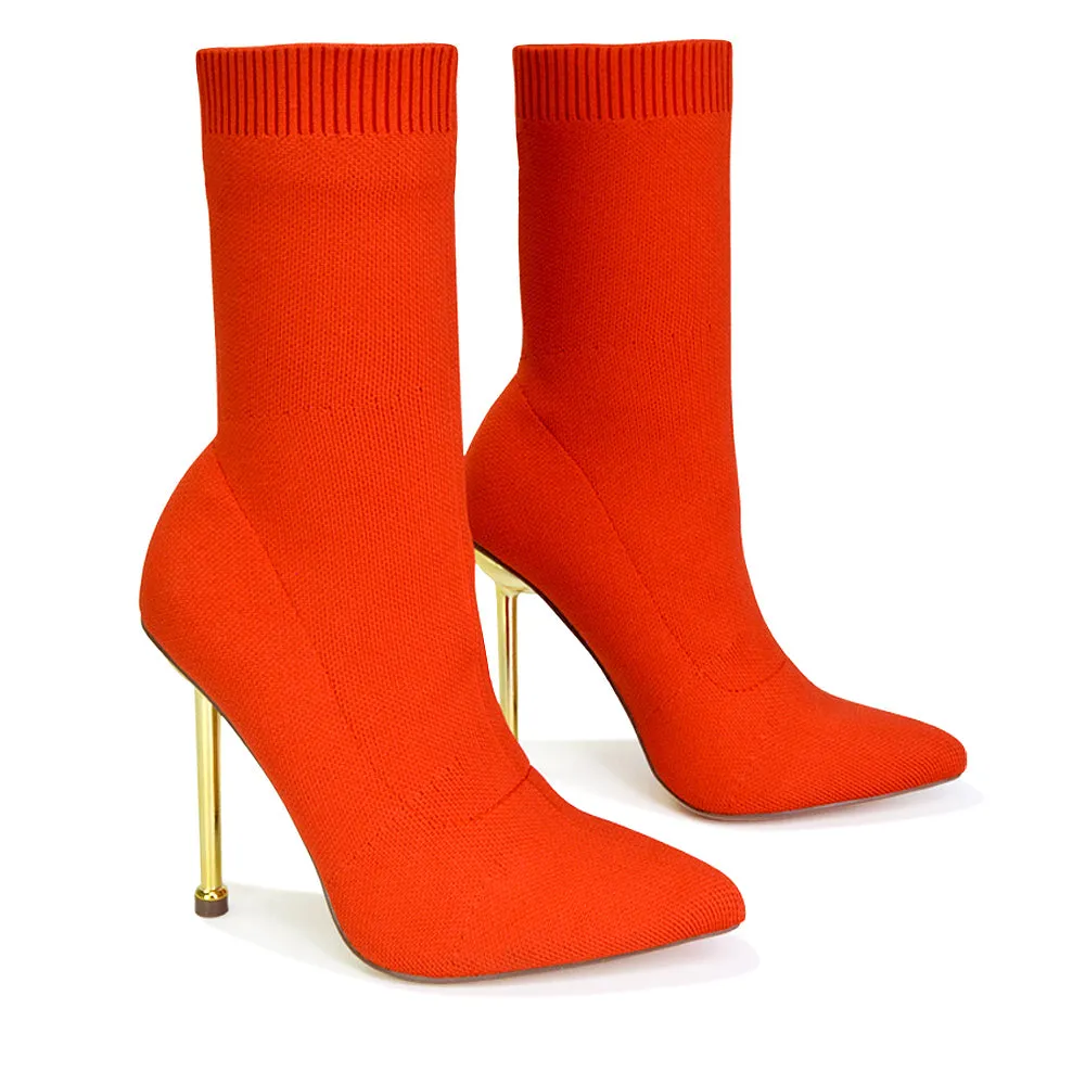 Raya Metallic Stiletto High Heel Knitted Ribbed Sock Ankle Boots Heels in Red