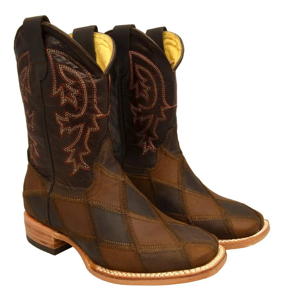 Redhawk Boy's Rodeo Brown Patchwork Leather Square Toe Cowboy Boots 3200