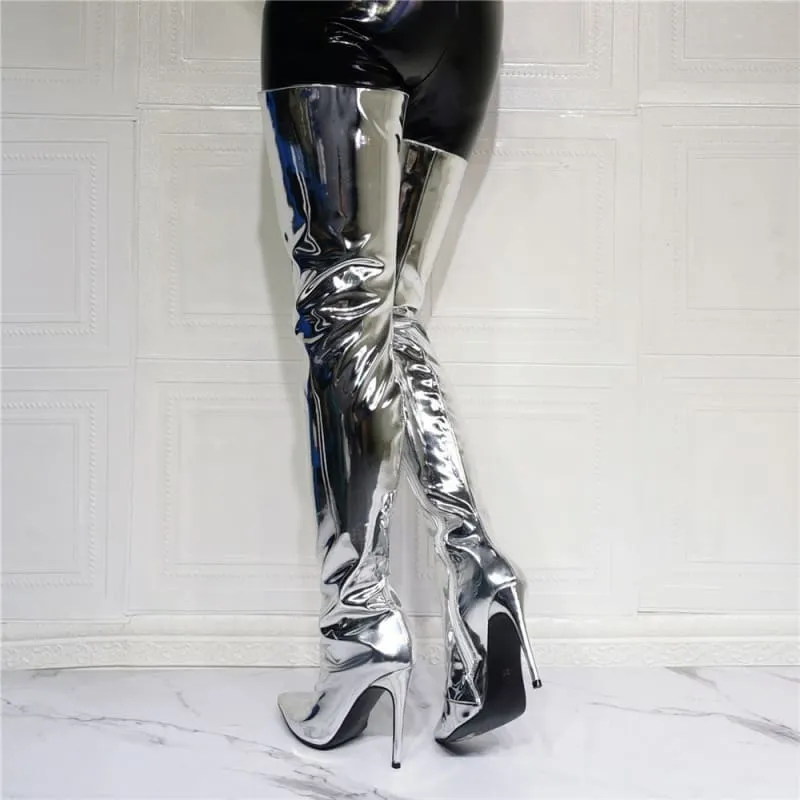 Shiny Silver Thigh High Unisex Boots with Pointed Toe and Stiletto Heel