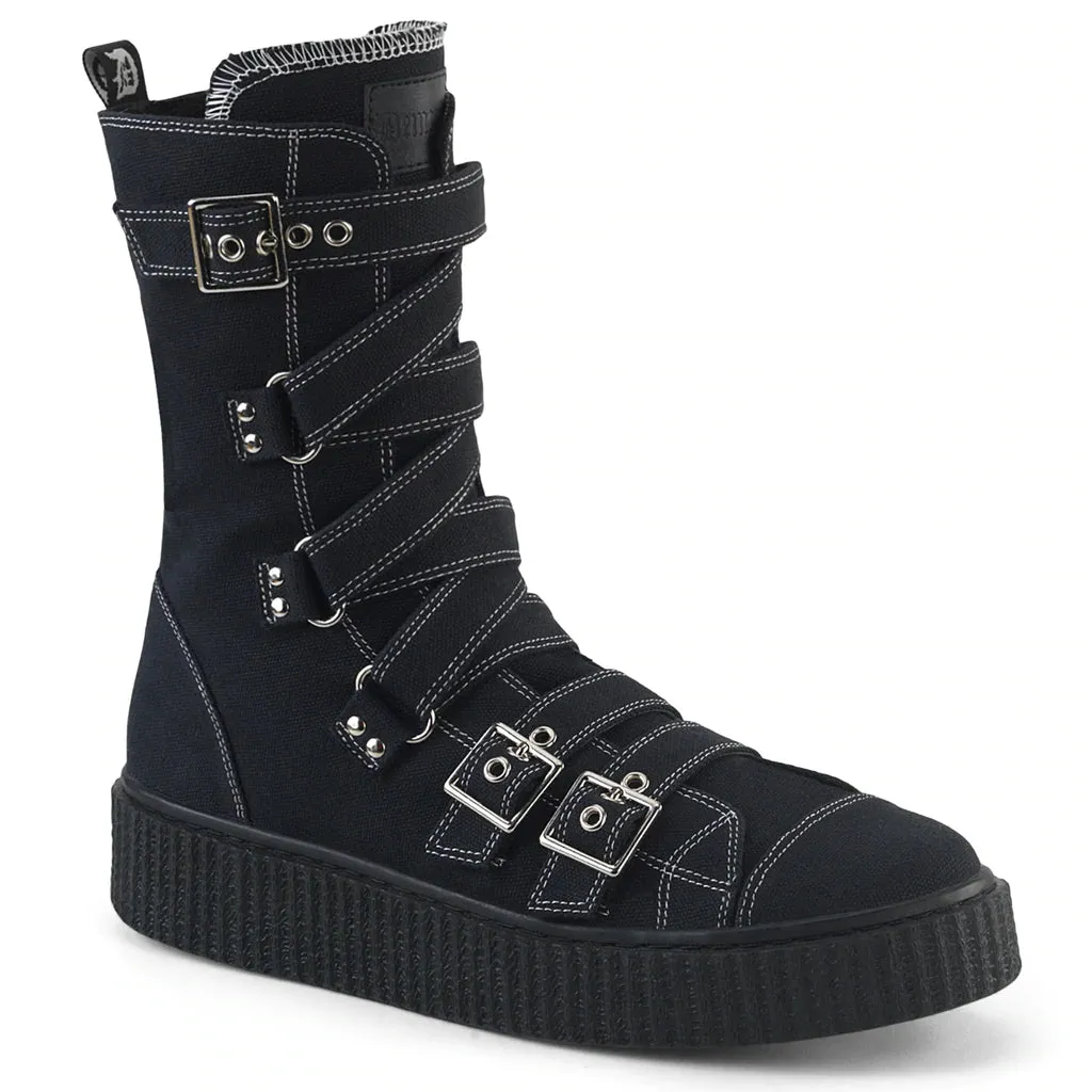 Sneeker-318 Black Canvas Mid-Calf Sneaker Creeper Shoe w/ Zig Zag Buckle Straps