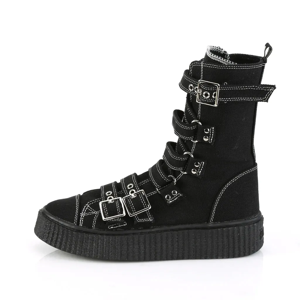 Sneeker-318 Black Canvas Mid-Calf Sneaker Creeper Shoe w/ Zig Zag Buckle Straps