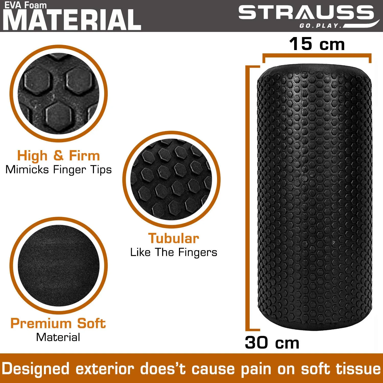 Strauss Foam Roller (Black), 30 cm and Yoga Block (Black)