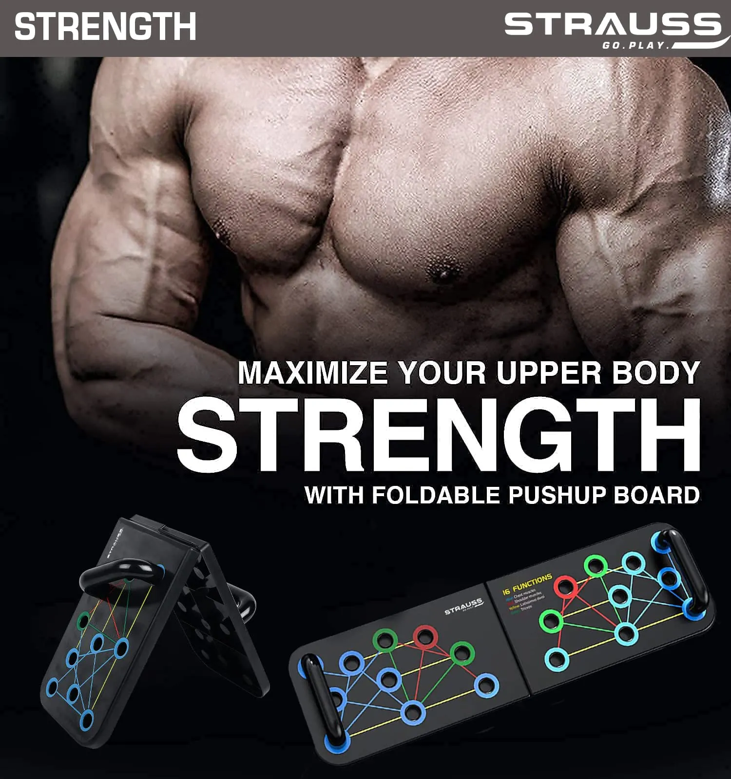 Strauss Multifunctional Portable Push Up Board |16 in 1 Body Building Exercise Tools | Durable & Foldable | Push Up Board for Men-Women