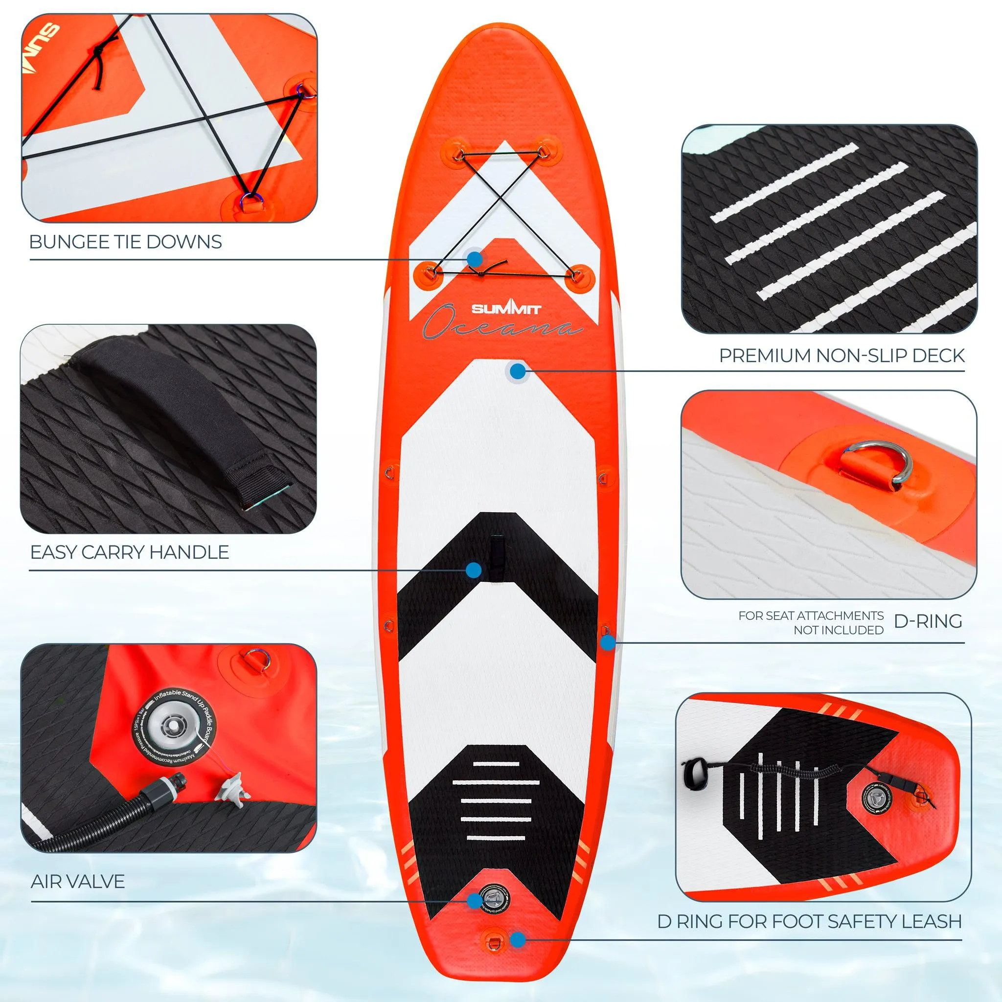 Summit Oceana 10ft Inflatable SUP Paddle Board & Kit - Red