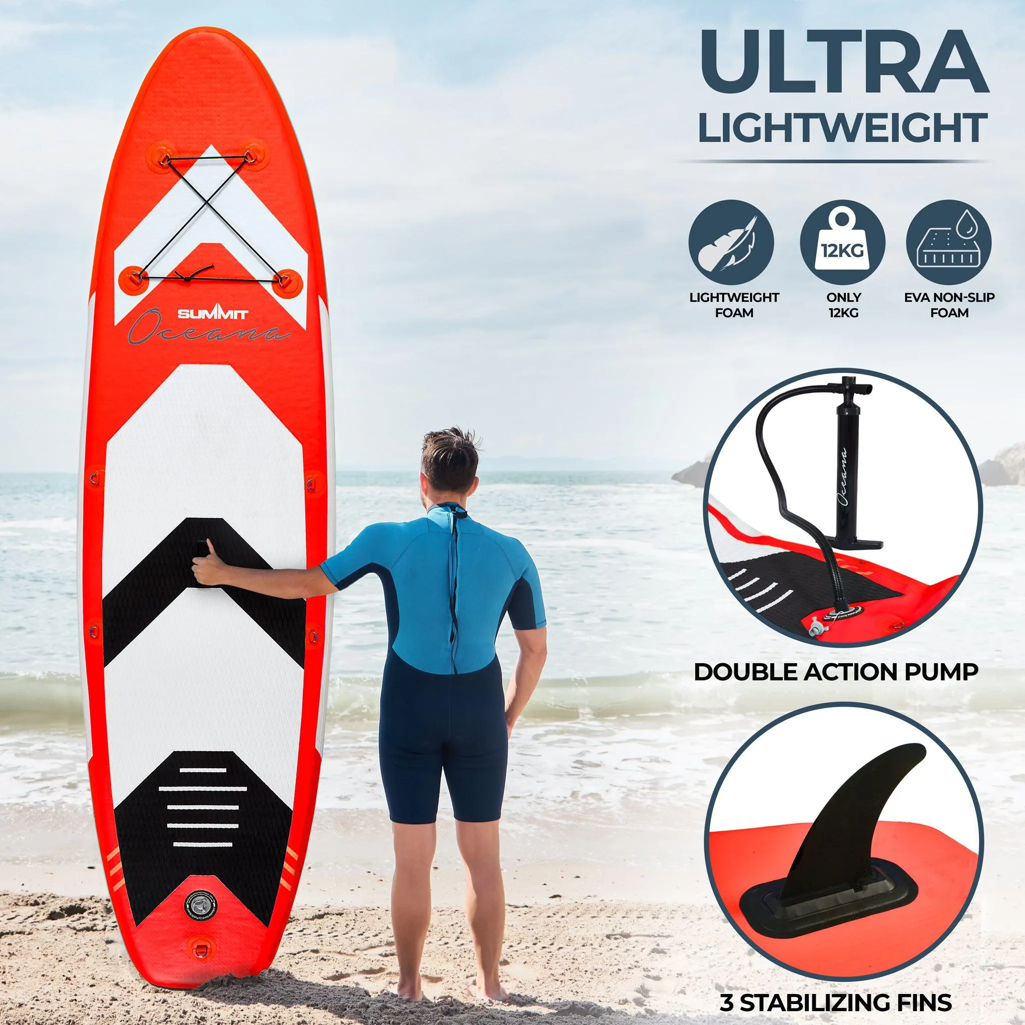 Summit Oceana 10ft Inflatable SUP Paddle Board & Kit - Red