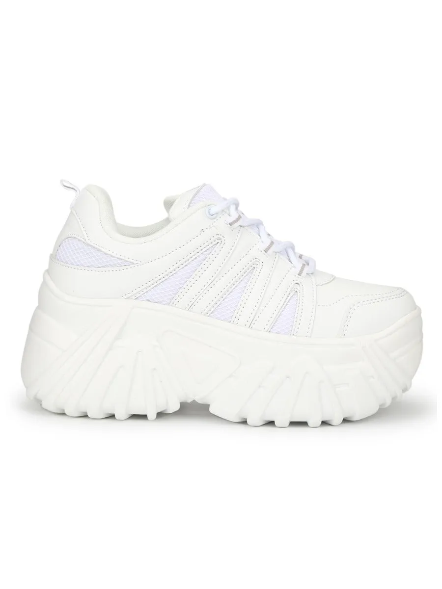 White PU Zig Zag Pattern Lace-Up Chunky Sneakers