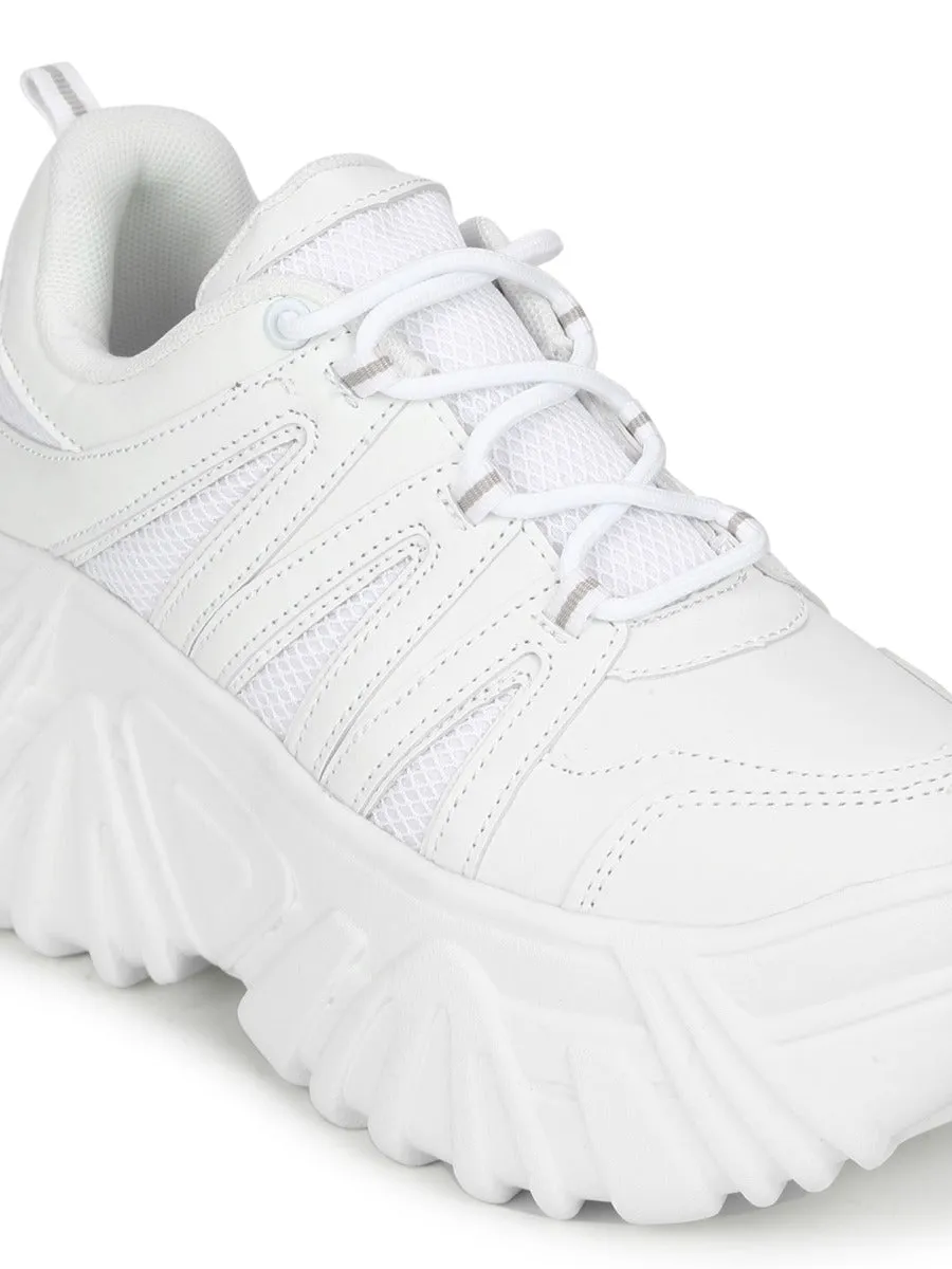 White PU Zig Zag Pattern Lace-Up Chunky Sneakers