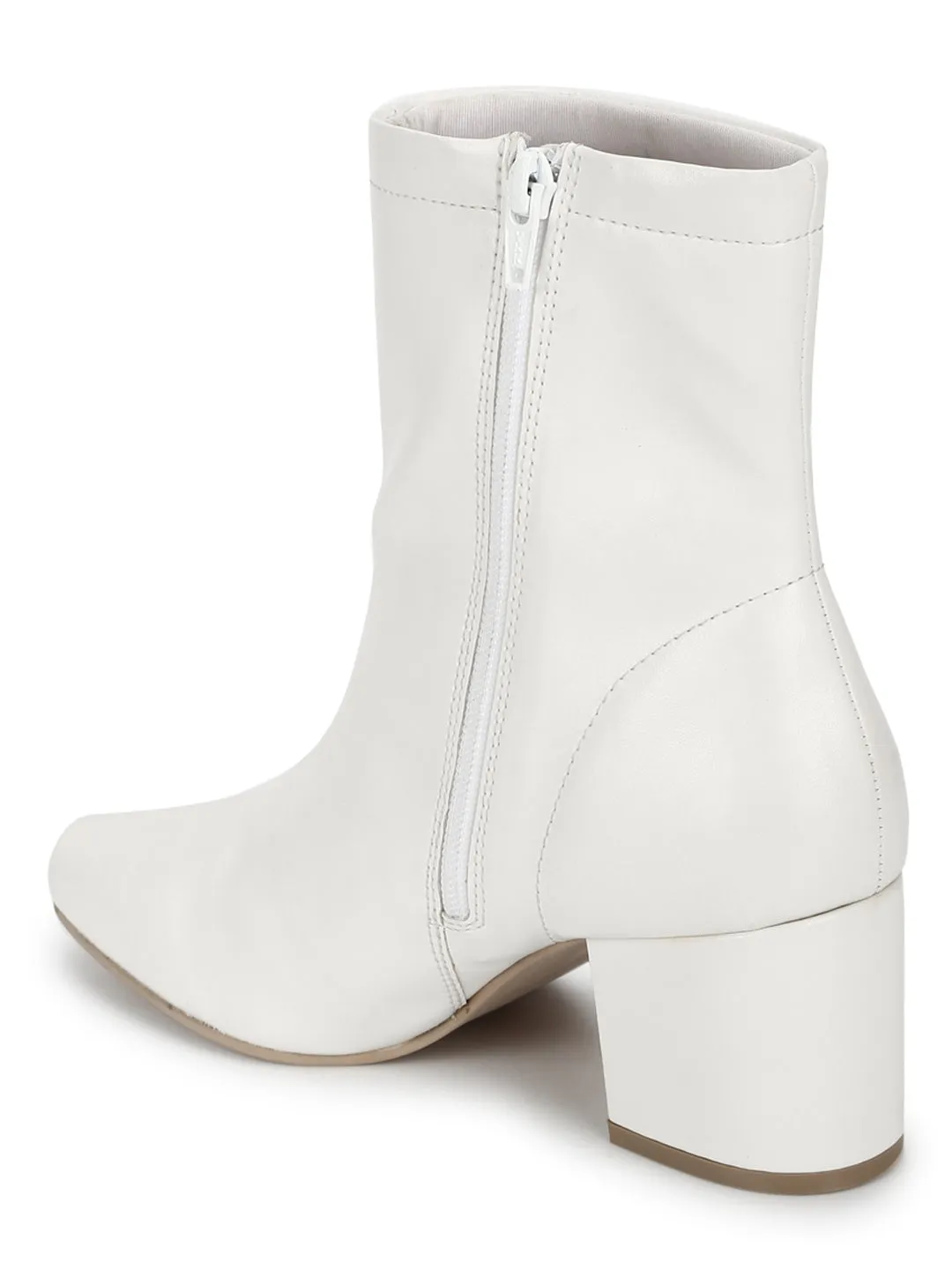 White PU Zip Up Block Heel Ankle Boots