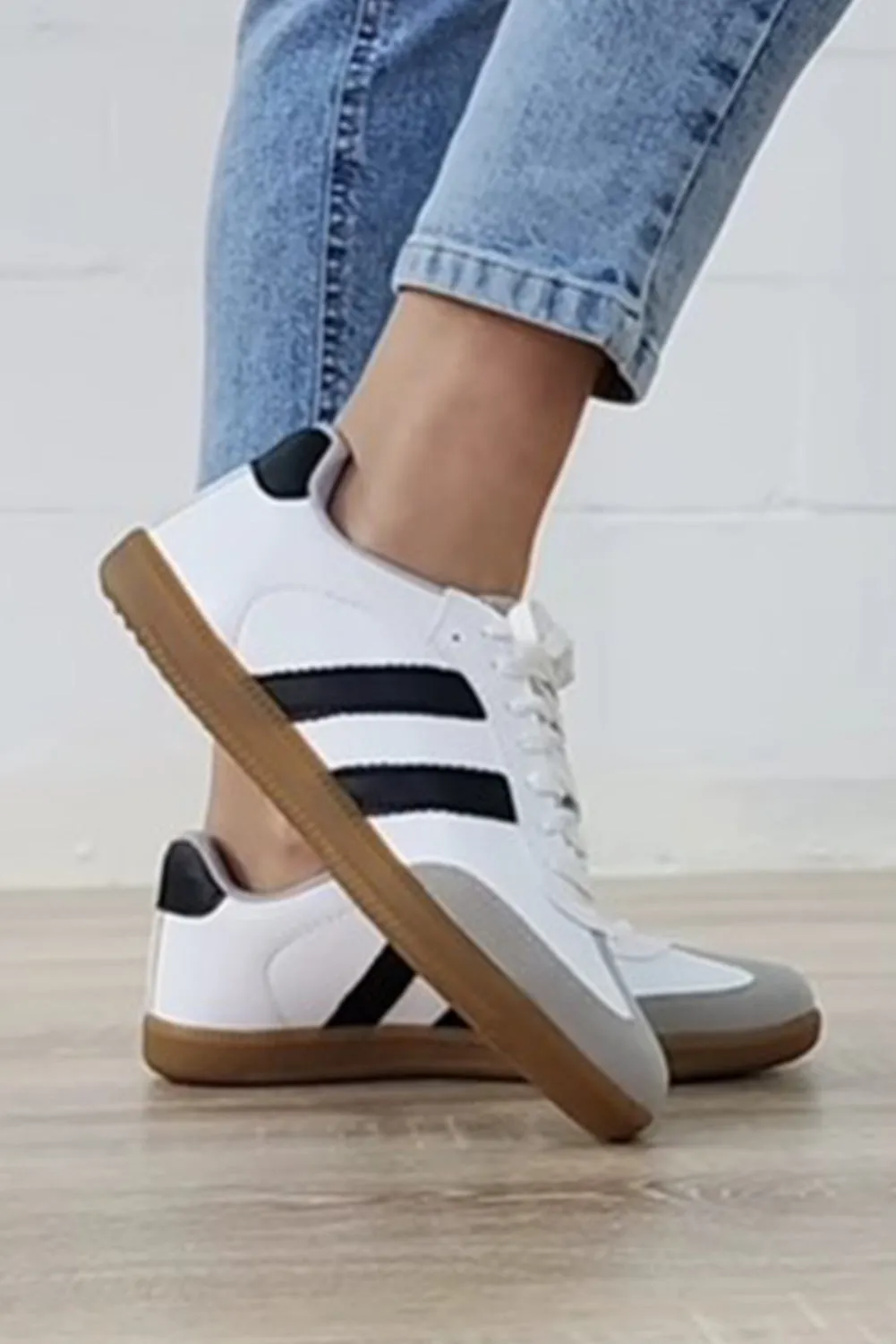 White Striped Lace Up Flat Sneakers