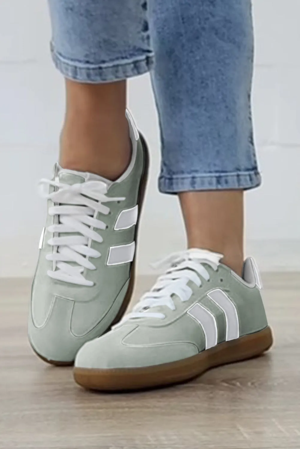 White Striped Lace Up Flat Sneakers