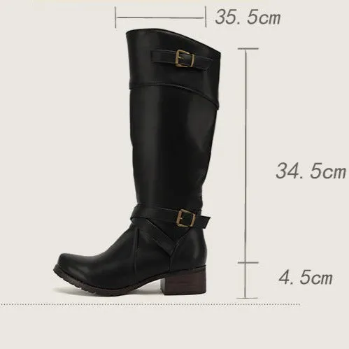 Wide calf under the knee motorcycle boots with buckles