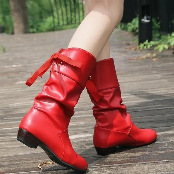 Women back lace up bowknot mid calf boots