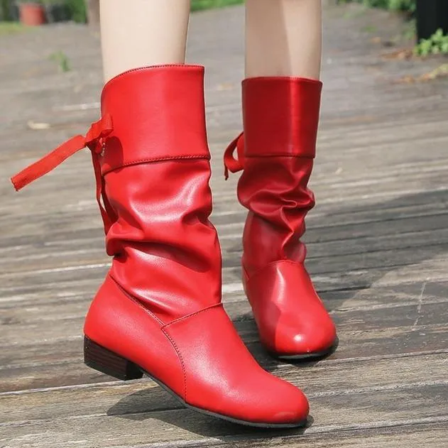 Women back lace up bowknot mid calf boots