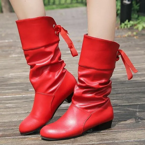 Women back lace up bowknot mid calf boots