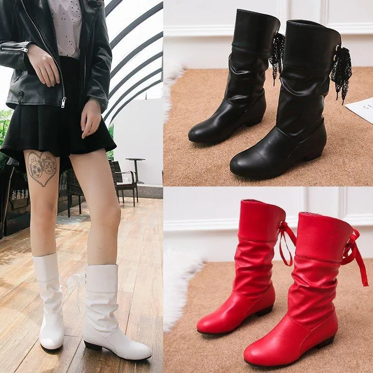 Women back lace up bowknot mid calf boots