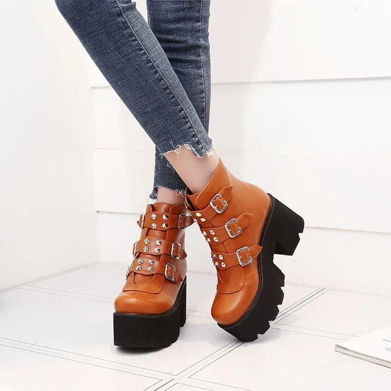 Women buckle strap chunky platform ankle short boots