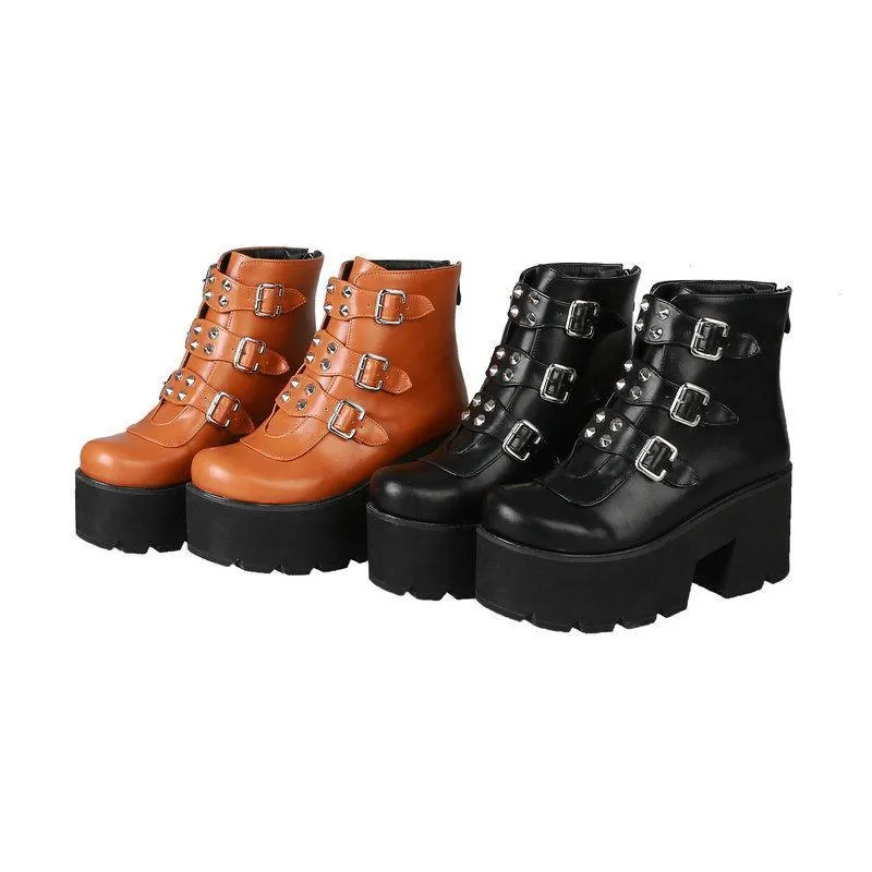 Women buckle strap chunky platform ankle short boots