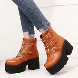 Women buckle strap chunky platform ankle short boots