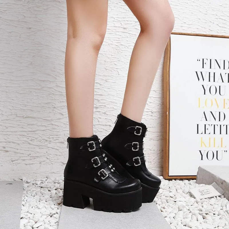 Women buckle strap chunky platform ankle short boots