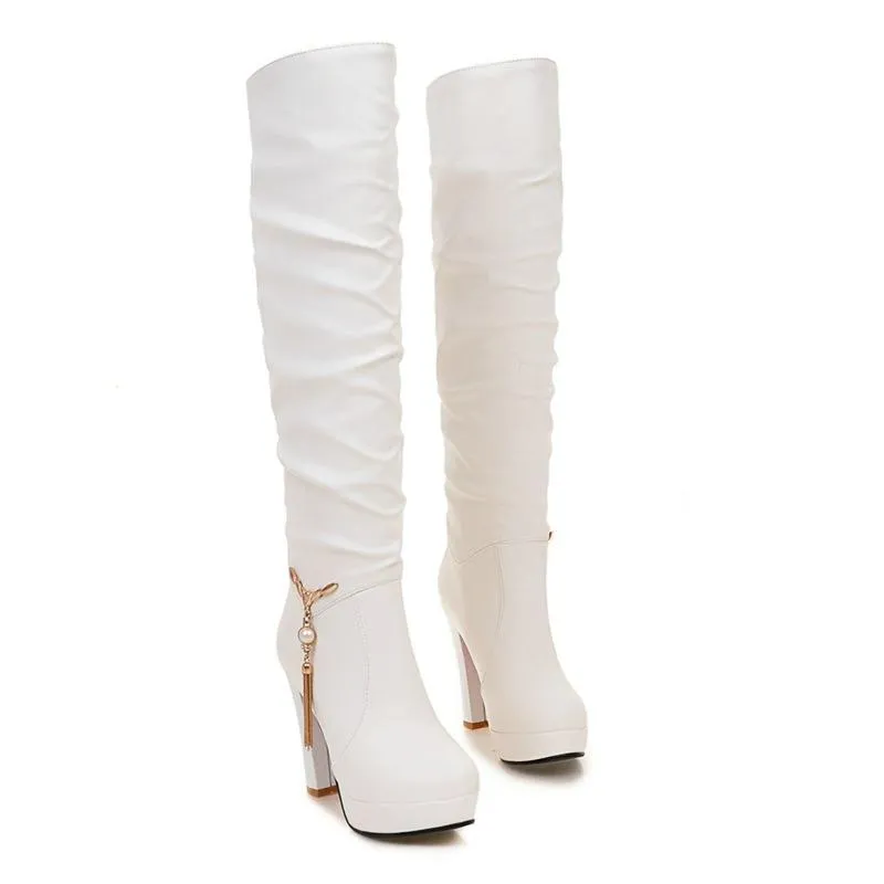 Women chunky high heel platform pendant slouch knee high boots