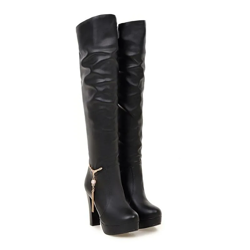 Women chunky high heel platform pendant slouch knee high boots