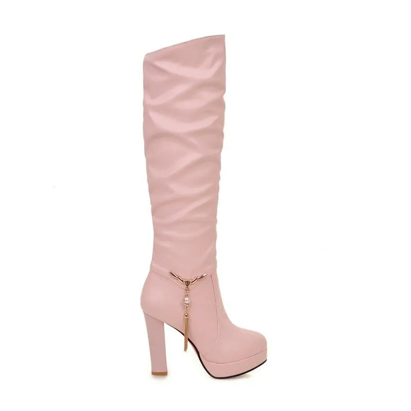 Women chunky high heel platform pendant slouch knee high boots