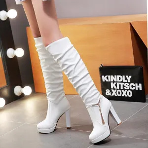 Women chunky high heel platform pendant slouch knee high boots