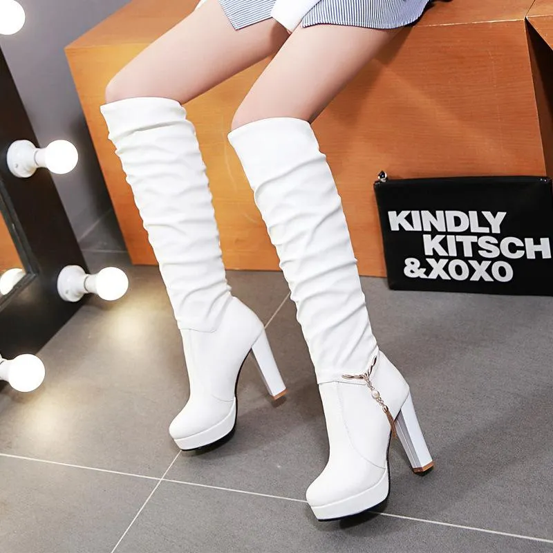 Women chunky high heel platform pendant slouch knee high boots