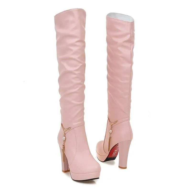 Women chunky high heel platform pendant slouch knee high boots