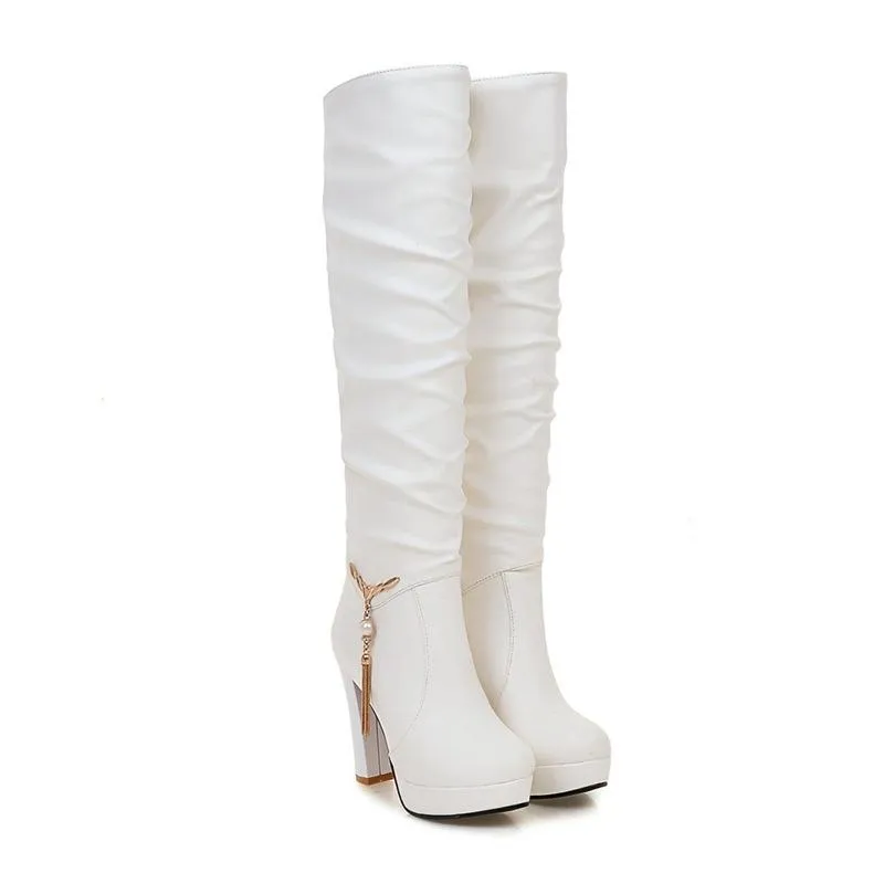 Women chunky high heel platform pendant slouch knee high boots