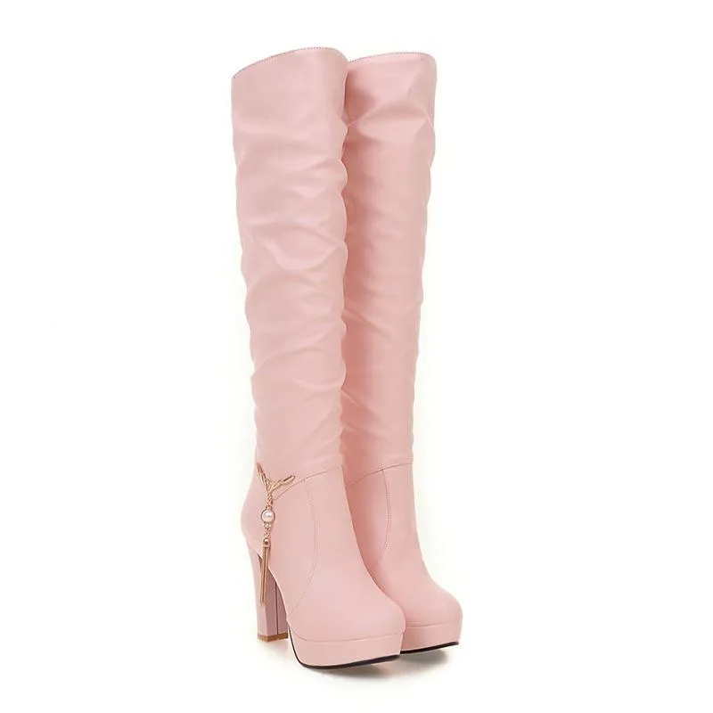 Women chunky high heel platform pendant slouch knee high boots