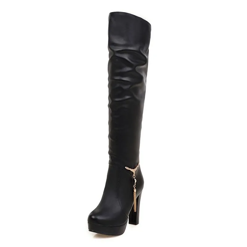 Women chunky high heel platform pendant slouch knee high boots