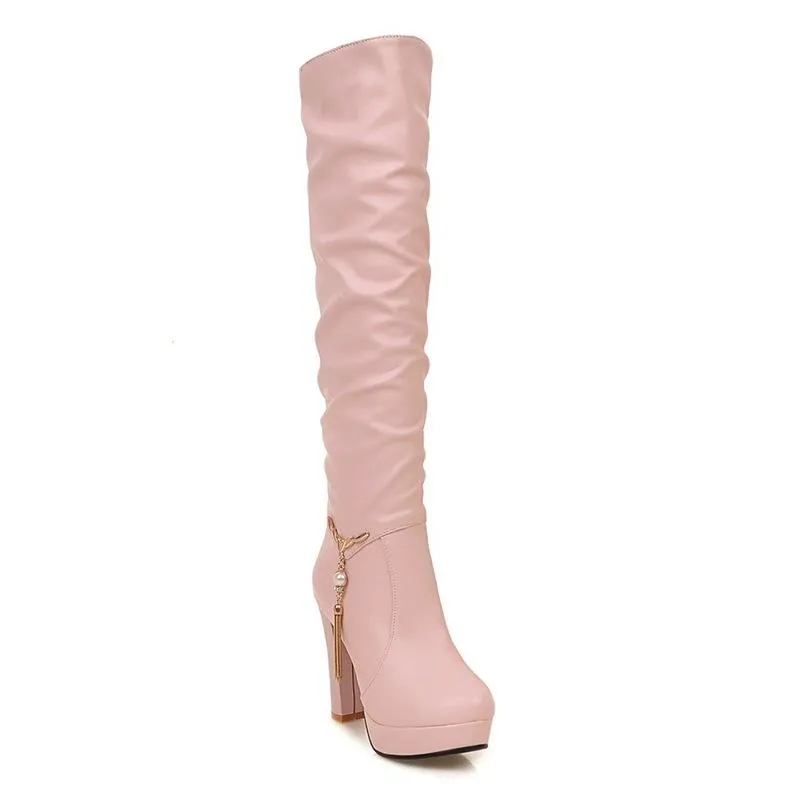 Women chunky high heel platform pendant slouch knee high boots