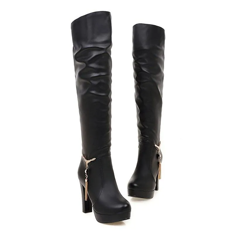 Women chunky high heel platform pendant slouch knee high boots