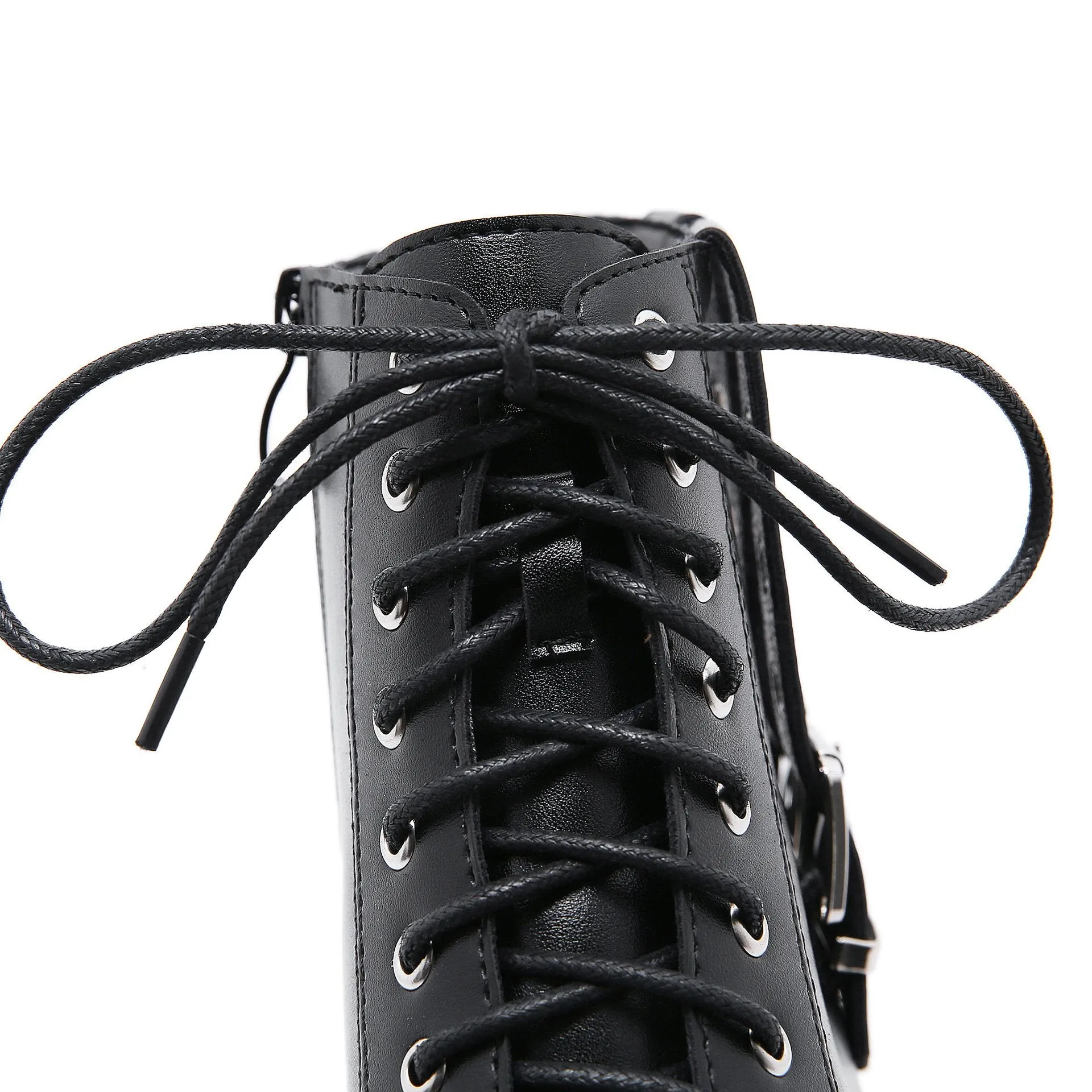 Women motorcycle platform lace up side zipper short black boots