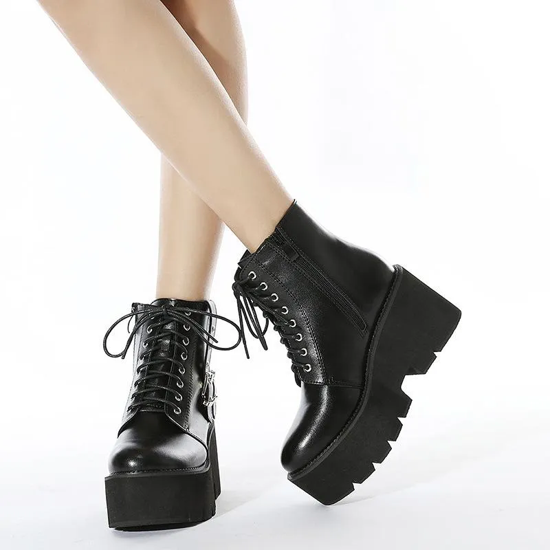 Women motorcycle platform lace up side zipper short black boots