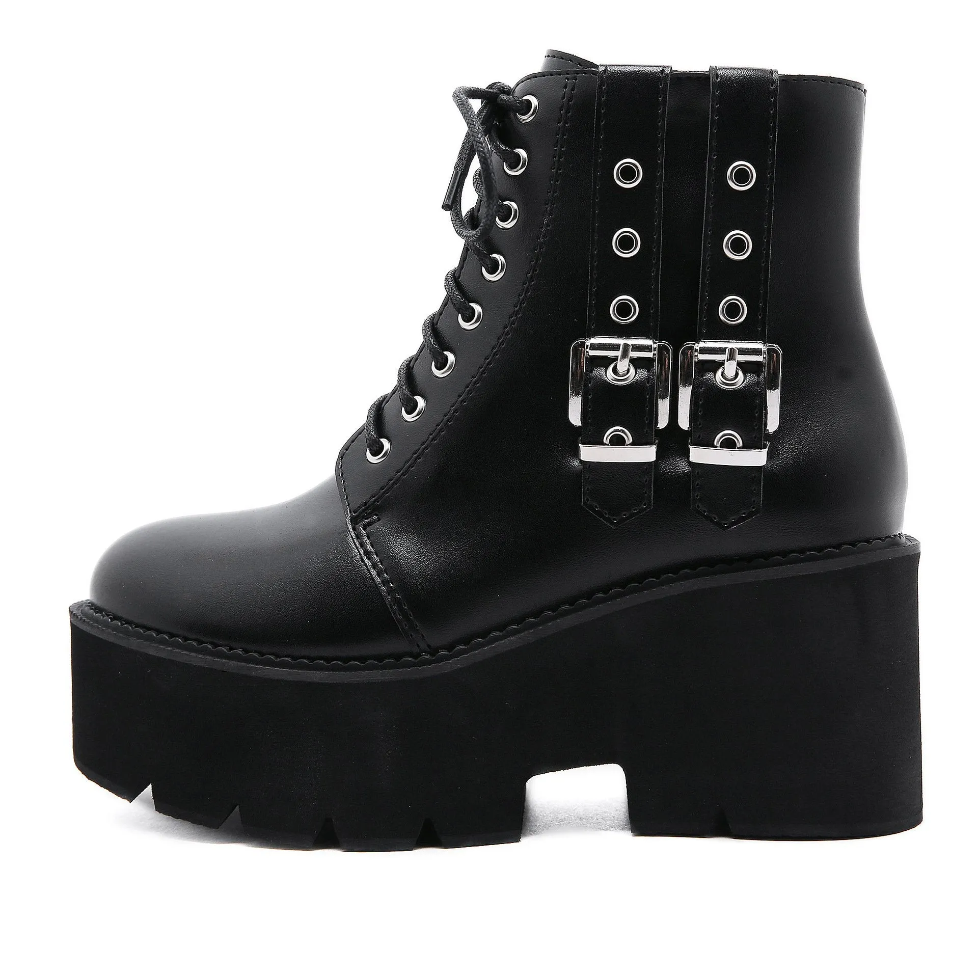 Women motorcycle platform lace up side zipper short black boots